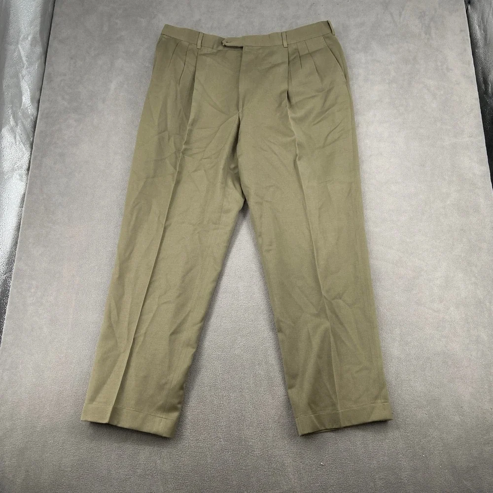 Berle‎ Tailored Mens Pleated Trousers Olive Green Khaki Cuffed Dress Pants 35x29